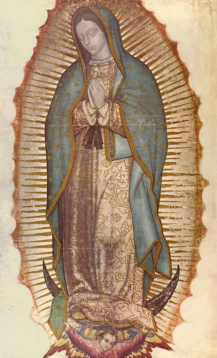 Virgin of Guadalupe Religious Icon with Blue Mantle and Golden Halo HD phone wallpaper