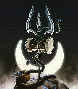 Shiva Trishul and Damaru with Serpent and Crescent Moon HD phone wallpaper