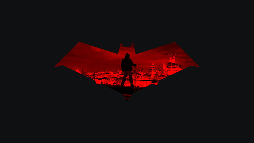 Red Hood Jason Todd Silhouette Over Gotham City Skyline in Dark Red Tint HD wallpaper