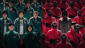 Squid Game Cast and Guards in Green Tracksuits and Red Suits HD wallpaper