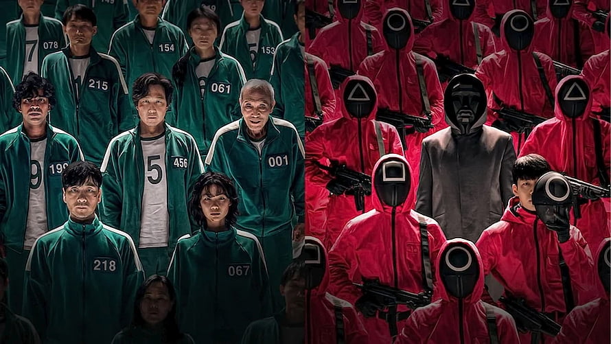 Squid Game Cast and Guards in Green Tracksuits and Red Suits HD wallpaper