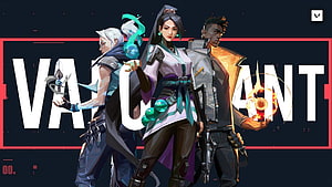 Valorant Three Agent Team Artwork with Elemental Abilities and Stylized Typography HD wallpaper