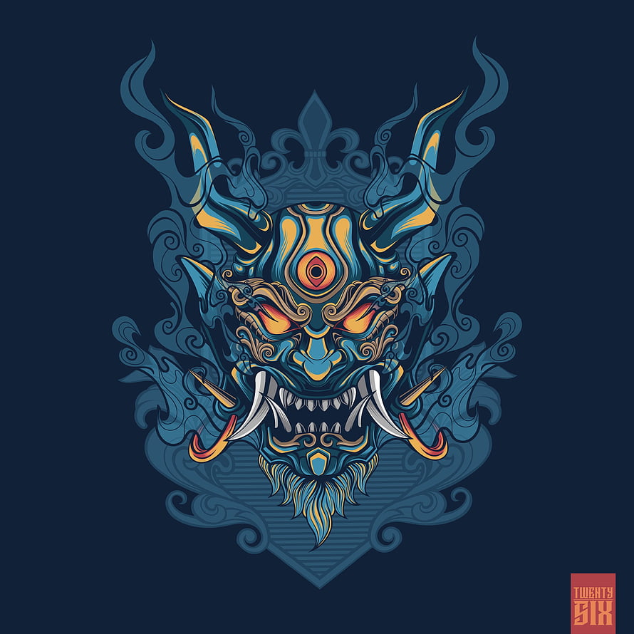 Intricate Blue Japanese Oni Demon Mask Vector Illustration with Ornate Flame Details HD wallpaper