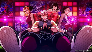 Tengen Uzui from Demon Slayer Reclining in a Lavish Red Armchair Surrounded by Companions HD wallpaper