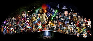 Star Wars Saga Character Collection with Lightsabers and Starships HD wallpaper