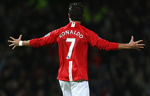 Cristiano Ronaldo in Manchester United Red Kit with Number 7 Jersey HD wallpaper