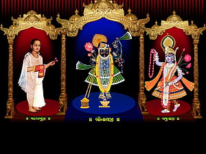 Shrinathji and Divine Figures in Ornate Golden Temple Arches HD wallpaper