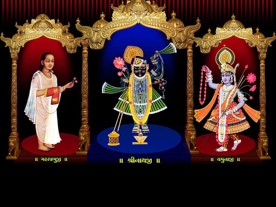 Shrinathji and Divine Figures in Ornate Golden Temple Arches HD wallpaper