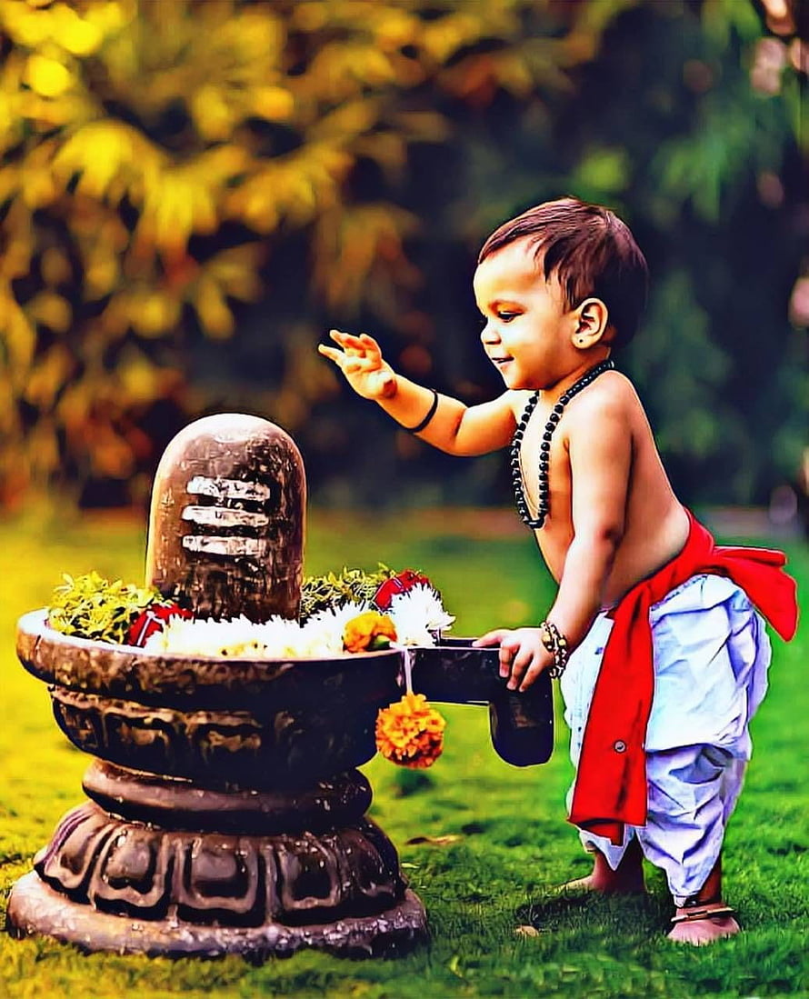 Baby Lord Shiva Offering Flowers to Lingam in a Garden Setting HD phone wallpaper