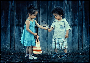 Young Brother And Sister Sharing Dandelion Fluff Against Rustic Wooden Fence HD wallpaper