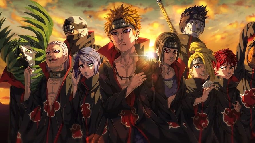 Akatsuki Organization Members in Black Cloaks Against a Dramatic Sunset Sky HD wallpaper