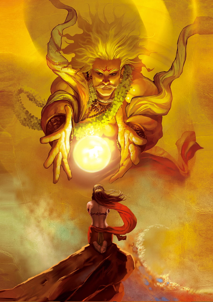Karna from Mahabharata Holding Radiant Orb Above Devoted Figure in Golden Fantasy Art HD phone wallpaper