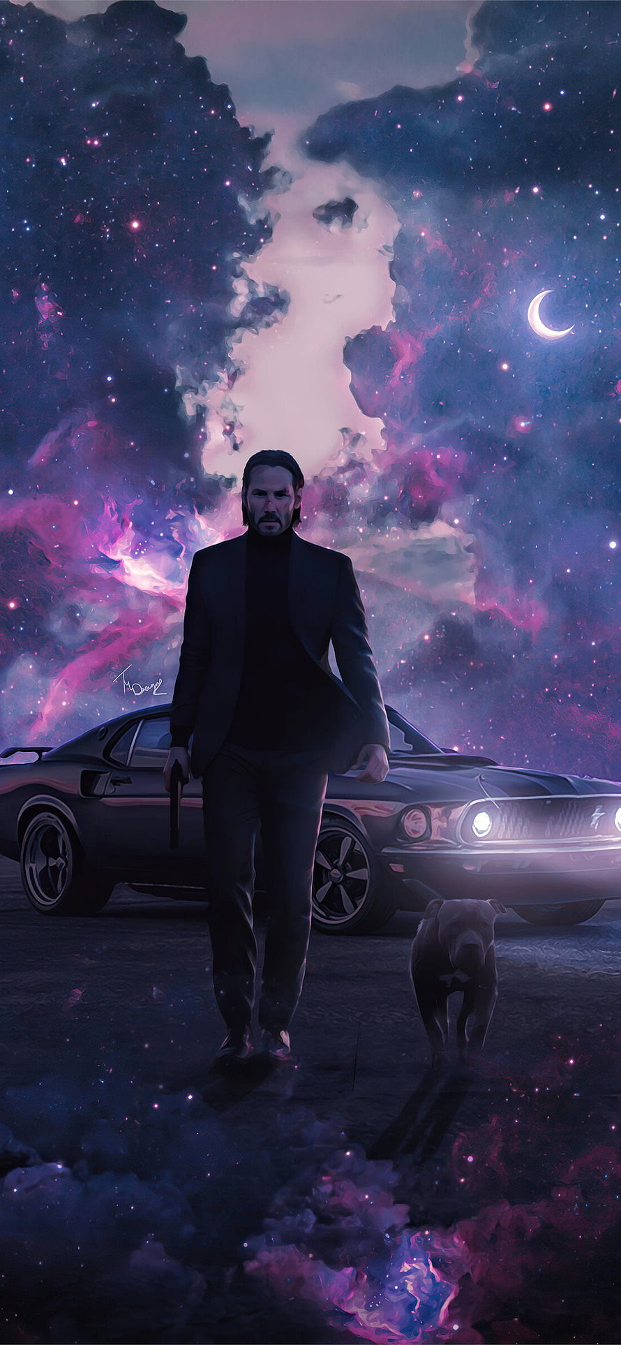 John Wick Walking with Dog and Classic Car Under Cosmic Nebula Sky HD phone wallpaper