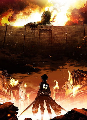 Attack on Titan Soldier Confronting Colossal Titan Amidst Burning Ruins HD phone wallpaper