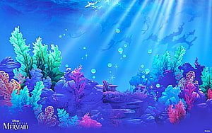 Disney The Little Mermaid Underwater Coral Reef Scene with Sunbeams and Bubbles HD wallpaper