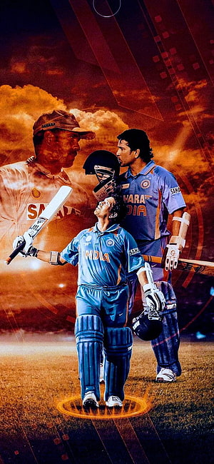 Sachin Tendulkar and MS Dhoni in India Cricket Kit on a Dramatic Sunset Field HD phone wallpaper