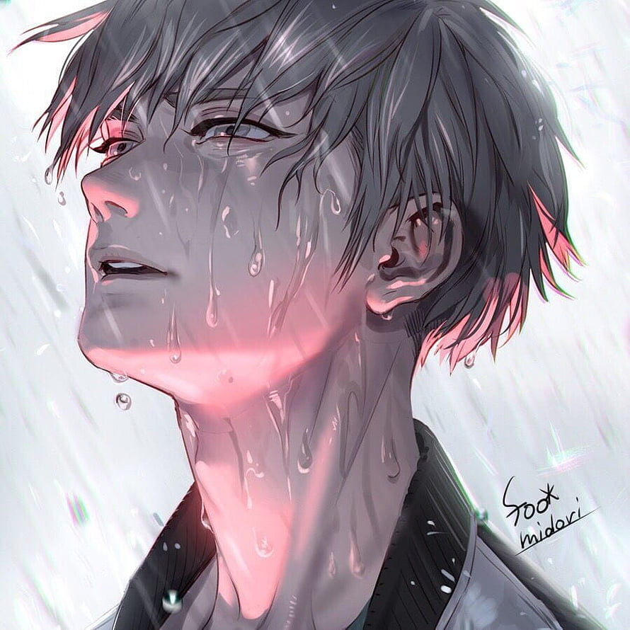 Emotional Anime Male Character Portrait in the Rain with Water Droplets HD phone wallpaper