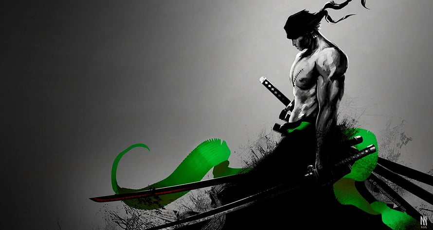 Roronoa Zoro from One Piece in a dramatic black and green ink-wash illustration HD wallpaper