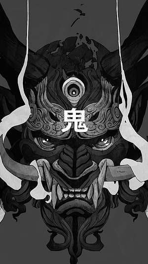Monochromatic Oni Demon Mask with Fierce Expression and Traditional Japanese Ornamentation HD phone wallpaper