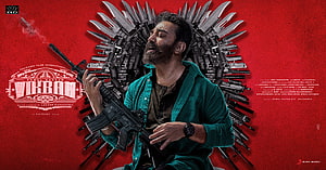 Vikram Movie Poster Featuring Kamal Haasan Holding Rifle Against Red Background HD wallpaper
