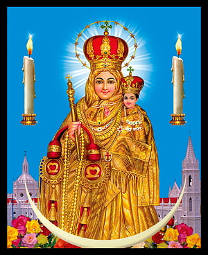 Vailanganni Matha Devotional Illustration with Golden Robes and Cathedral HD phone wallpaper