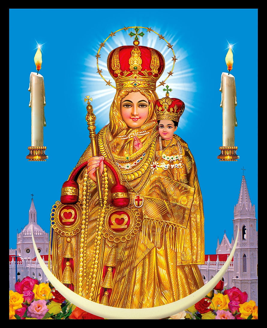 Vailanganni Matha Devotional Illustration with Golden Robes and Cathedral HD phone wallpaper
