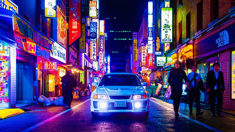 White JDM Car on Neon-Lit Tokyo Street at Night HD wallpaper