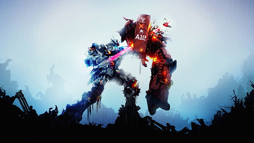 Giant Mecha Robots Clashing with Energy Blades in Rainy Battlefield HD wallpaper