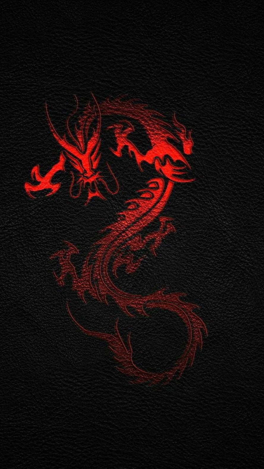Glowing Red Eastern Dragon Tattoo Design on Black Leather Texture HD phone wallpaper