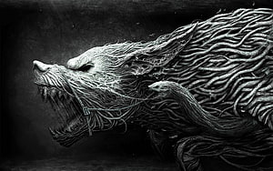 Intricate Black and White Illustration of a Viking Wolf and Serpent HD wallpaper