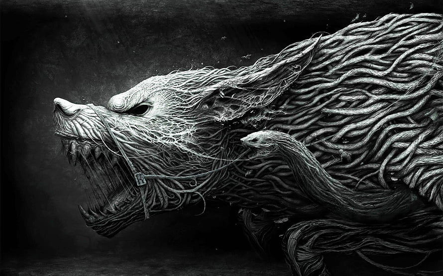 Intricate Black and White Illustration of a Viking Wolf and Serpent HD wallpaper