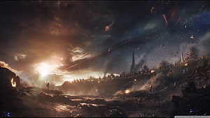 Avengers Endgame Final Battle Battlefield with Epic Skyline and Dramatic Lighting HD wallpaper