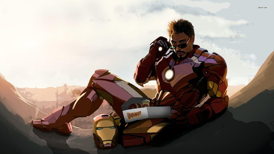 Iron Man Reclining in Desert Landscape with Donut Box and Helmet HD wallpaper