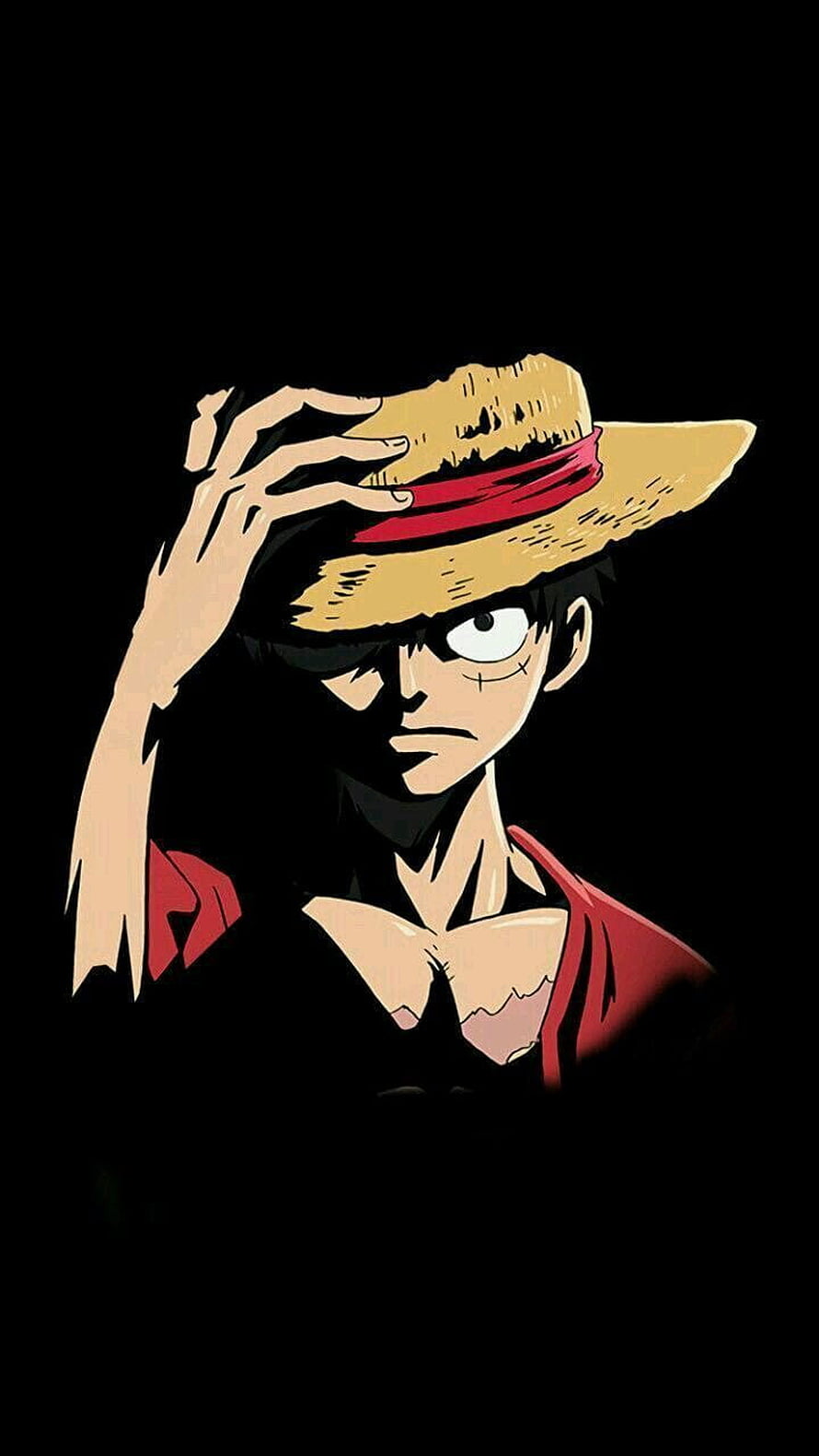 Monkey D. Luffy tipping his straw hat in a dramatic dark anime illustration HD phone wallpaper