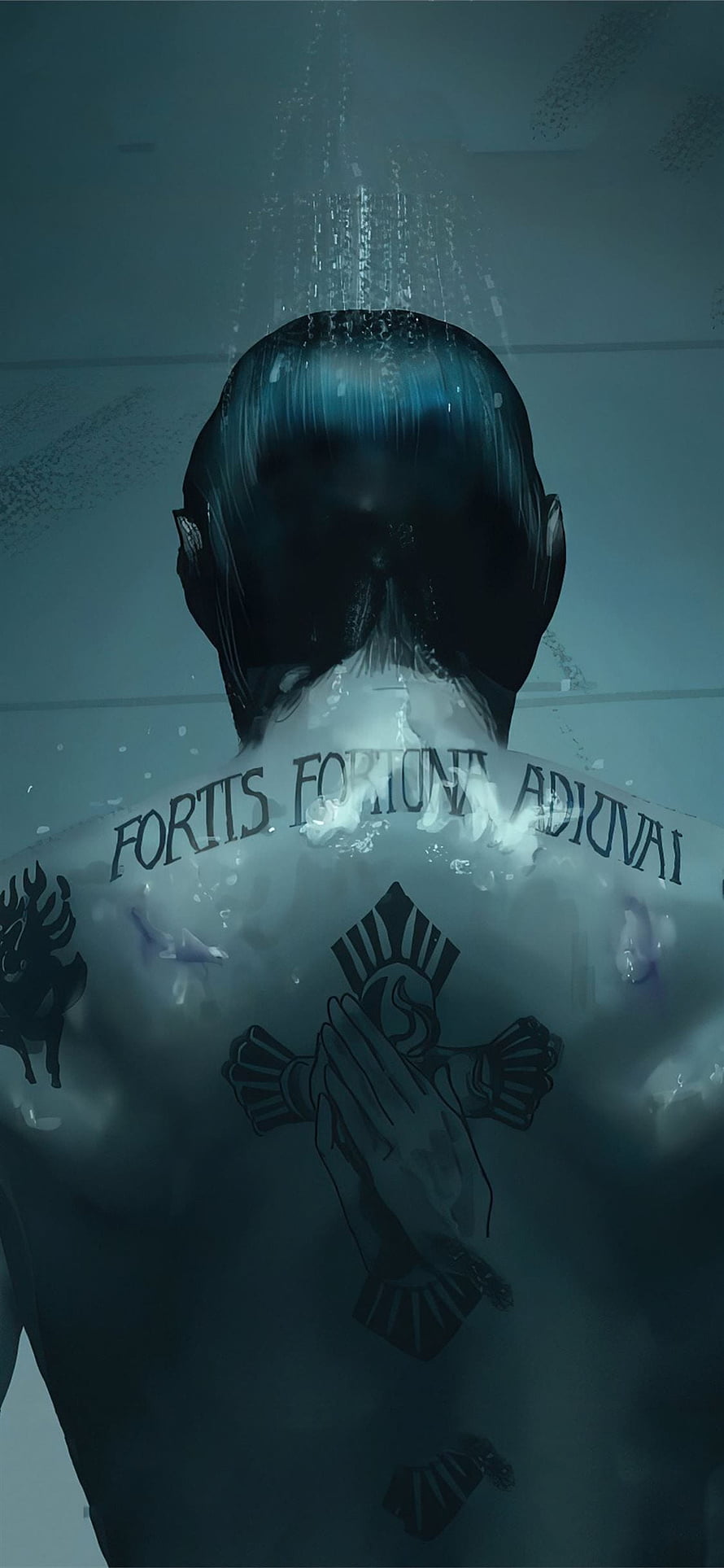 John Wick Back Tattoo Underwater Scene with Latin Phrase and Cross Design HD phone wallpaper
