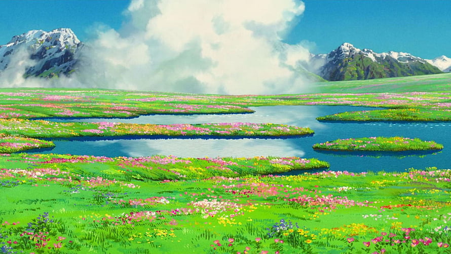 Studio Ghibli Animated Landscape With Snow-Capped Mountains And Vibrant Wildflower Meadow HD wallpaper