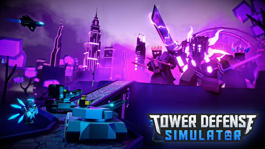 Tower Defense Simulator Roblox Game Artwork with Neon Purple Cityscape and Blocky Characters HD wallpaper