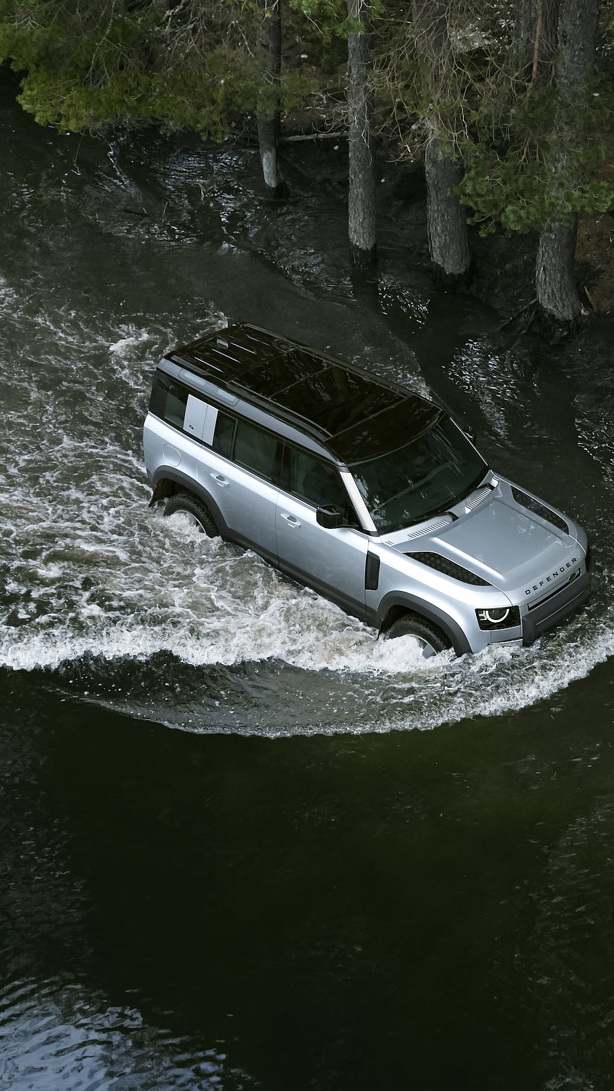 Silver Land Rover Defender 110 P400 X Forging Through Forest River Water HD phone wallpaper