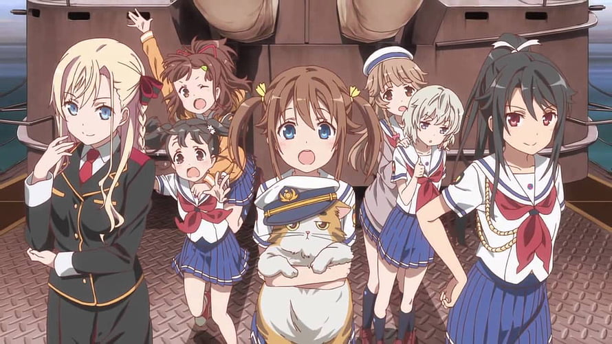 High School Fleet anime cast on a ship deck with sailor uniforms and a cat in a captain hat HD wallpaper