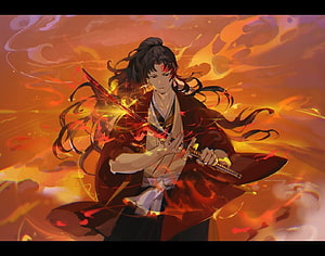 Yoriichi Tsugikuni from Demon Slayer Wielding a Glowing Sword in a Fiery Inferno HD wallpaper
