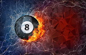 Dramatic 8-Ball Billiard Sphere Split by Fire and Water with Lightning on Geometric Background HD wallpaper