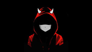 Mysterious Hooded Figure with Horns and Mask in Dark Red and Black Digital Art HD wallpaper