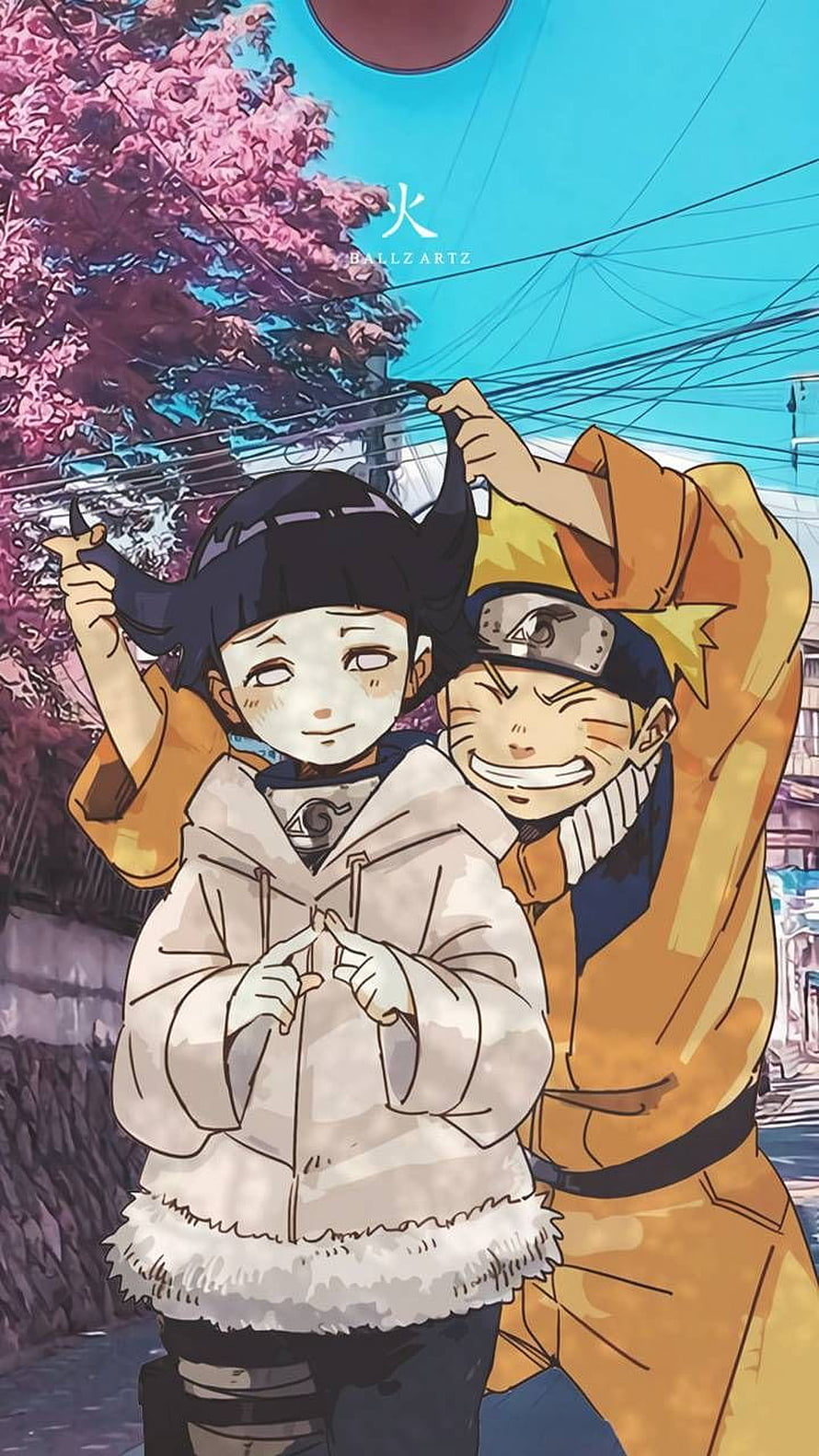 Naruto and Hinata Hyuga Childhood Anime Illustration with Cherry Blossoms HD phone wallpaper