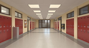 Empty School Hallway With Red Lockers And Fluorescent Ceiling Lights HD wallpaper