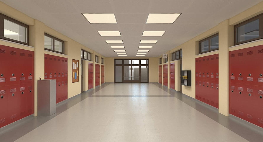 Empty School Hallway With Red Lockers And Fluorescent Ceiling Lights HD wallpaper