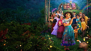 Encanto Family Group in Vibrant Colombian Jungle with Fireflies and Rainbow HD wallpaper