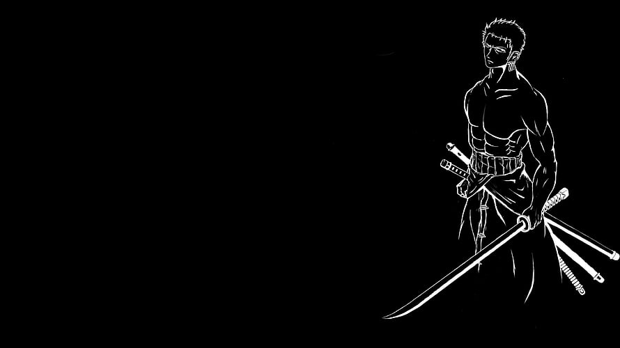 Roronoa Zoro Minimalist Line Art with Three Swords on Black Background HD wallpaper