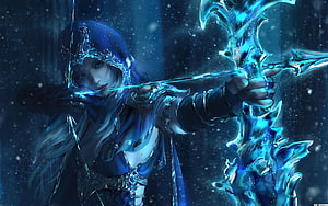 Ashe from League of Legends Drawing a Glowing Ice Bow in a Snowy Forest HD wallpaper