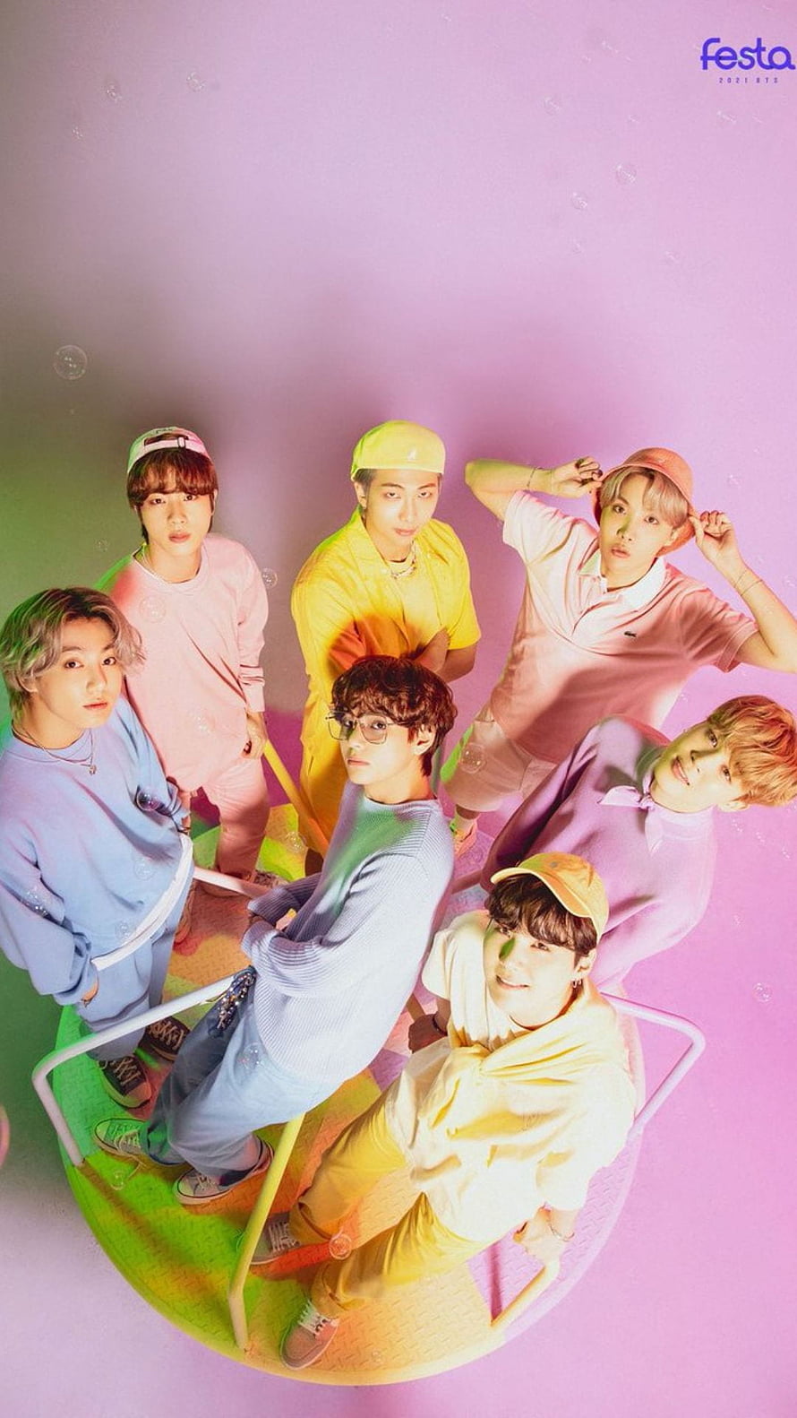 BTS Group Portrait in Pastel Colors on a Circular Platform HD phone wallpaper