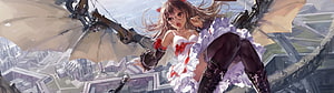 Anime Girl with Mechanical Wings and Glasses Flying Over a City HD wallpaper